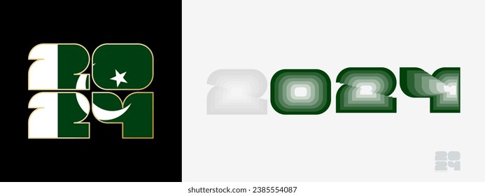 Year 2024 with flag of Pakistan and in color palate of Pakistan flag. Happy New Year 2024 in two different style. New Year design for Calendar, Posters, Greeting Cards or Election.