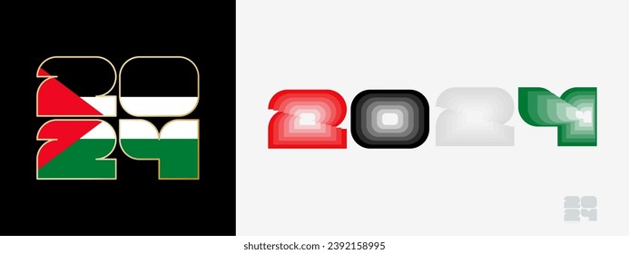 Year 2024 with flag of Palestine and in color palate of Palestine flag. Happy New Year 2024 in two different style. New Year design for Calendar, Posters, Greeting Cards or Election.