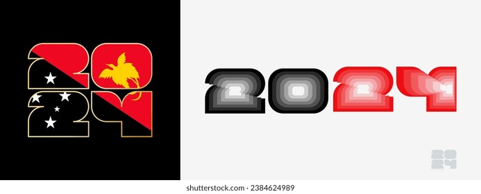 Year 2024 with flag of Papua New Guinea and in color palate of Papua New Guinea flag. Happy New Year 2024 in two different style. New Year design for Calendar, Posters, Greeting Cards or Election.