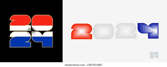 Year 2024 with flag of Paraguay and in color palate of Paraguay flag. Happy New Year 2024 in two different style. New Year design for Calendar, Posters, Greeting Cards or Election.