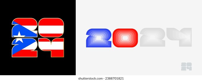 Year 2024 with flag of Puerto Rico and in color palate of Puerto Rico flag. Happy New Year 2024 in two different style. New Year design for Calendar, Posters, Greeting Cards or Election.
