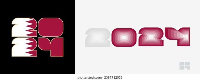 Year 2024 with flag of Qatar and in color palate of Qatar flag. Happy New Year 2024 in two different style. New Year design for Calendar, Posters, Greeting Cards or Election.