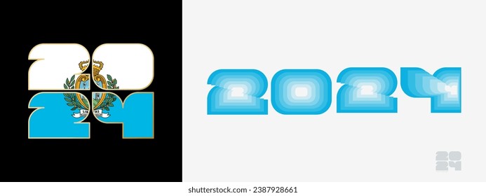 Year 2024 with flag of San Marino and in color palate of San Marino flag. Happy New Year 2024 in two different style. New Year design for Calendar, Posters, Greeting Cards or Election.