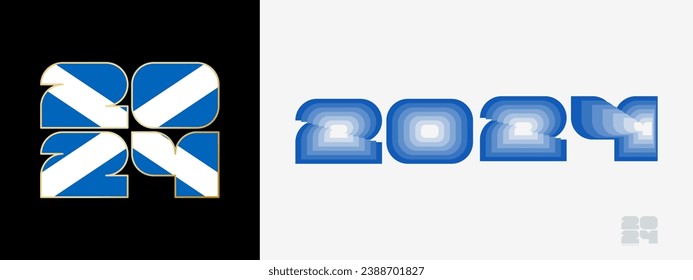 Year 2024 with flag of Scotland and in color palate of Scotland flag. Happy New Year 2024 in two different style. New Year design for Calendar, Posters, Greeting Cards or Election.
