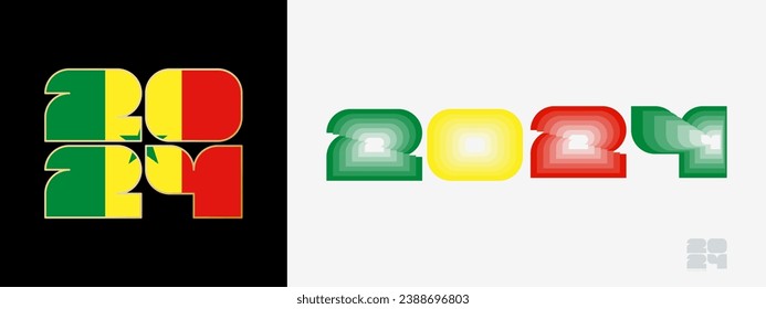 Year 2024 with flag of Senegal and in color palate of Senegal flag. Happy New Year 2024 in two different style. New Year design for Calendar, Posters, Greeting Cards or Election.