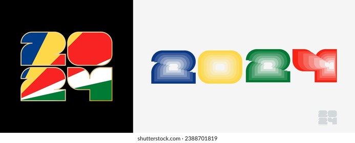 Year 2024 with flag of Seychelles and in color palate of Seychelles flag. Happy New Year 2024 in two different style. New Year design for Calendar, Posters, Greeting Cards or Election.