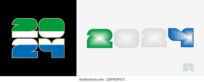 Year 2024 with flag of Sierra Leone and in color palate of Sierra Leone flag. Happy New Year 2024 in two different style. New Year design for Calendar, Posters, Greeting Cards or Election.