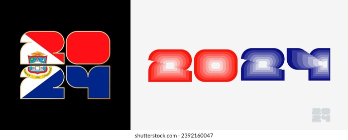 Año 2024 con bandera de San Martín y en paladar de colores de la bandera de San Martín. Feliz Año Nuevo 2024 con dos estilos diferentes. Diseño de Año Nuevo para calendario, afiches, tarjetas de felicitación o elecciones.