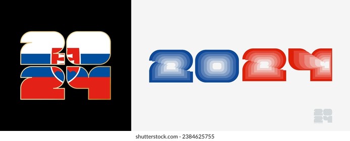 Year 2024 with flag of Slovakia and in color palate of Slovakia flag. Happy New Year 2024 in two different style. New Year design for Calendar, Posters, Greeting Cards or Election.