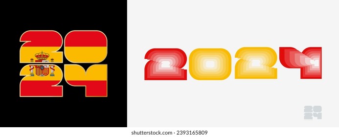 Year 2024 with flag of Spain and in color palate of Spain flag. Happy New Year 2024 in two different style. New Year design for Calendar, Posters, Greeting Cards or Election.