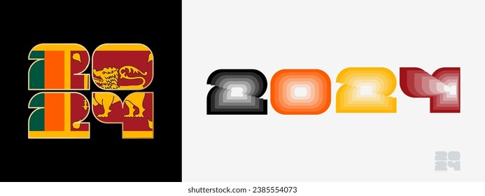 Year 2024 with flag of Sri Lanka and in color palate of Sri Lanka flag. Happy New Year 2024 in two different style. New Year design for Calendar, Posters, Greeting Cards or Election.