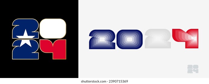 Year 2024 with flag of Texas and in color palate of Texas flag. Happy New Year 2024 in two different style. New Year design for Calendar, Posters, Greeting Cards or Election.