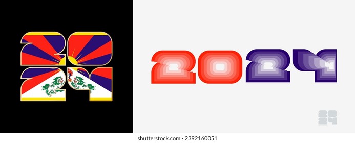 Year 2024 with flag of Tibet and in color palate of Tibet flag. Happy New Year 2024 in two different style. New Year design for Calendar, Posters, Greeting Cards or Election.