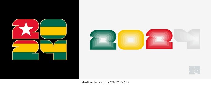 Year 2024 with flag of Togo and in color palate of Togo flag. Happy New Year 2024 in two different style. New Year design for Calendar, Posters, Greeting Cards or Election.