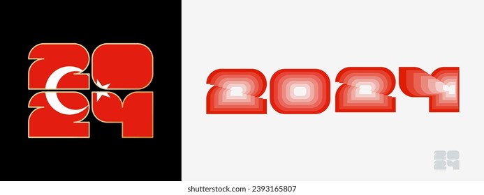 Year 2024 with flag of Turkey and in color palate of Turkey flag. Happy New Year 2024 in two different style. New Year design for Calendar, Posters, Greeting Cards or Election.