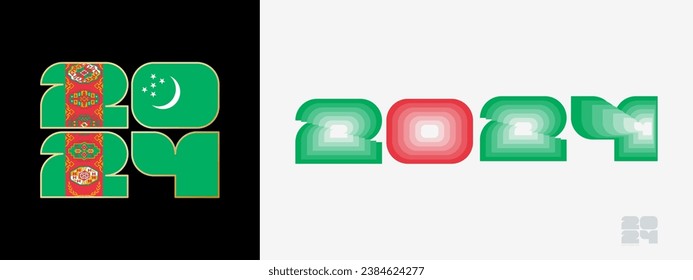 Year 2024 with flag of Turkmenistan and in color palate of Turkmenistan flag. Happy New Year 2024 in two different style. New Year design for Calendar, Posters, Greeting Cards or Election.