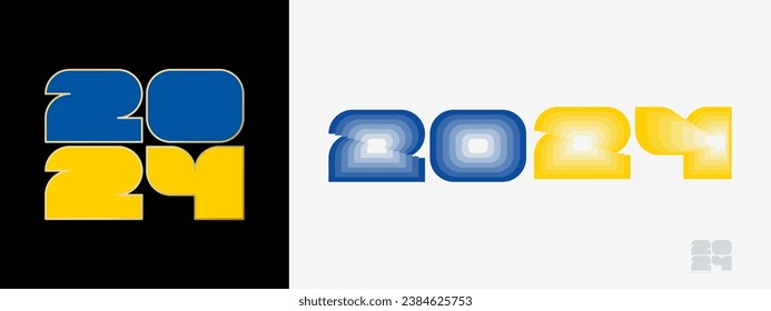 Year 2024 with flag of Ukraine and in color palate of Ukraine flag. Happy New Year 2024 in two different style. New Year design for Calendar, Posters, Greeting Cards or Election.