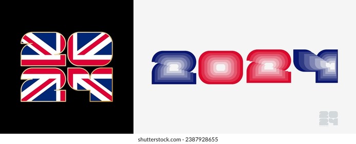 Year 2024 with flag of United Kingdom and in color palate of United Kingdom flag. Happy New Year 2024 in two different style. New Year design for Calendar, Posters, Greeting Cards or Election.