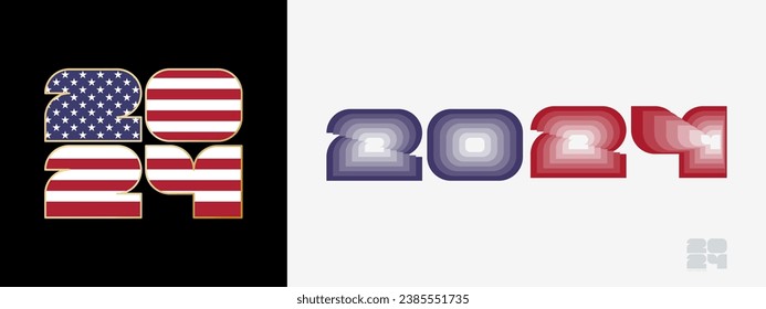 Year 2024 with flag of USA and in color palate of USA flag. Happy New Year 2024 in two different style. New Year design for Calendar, Posters, Greeting Cards or Election.