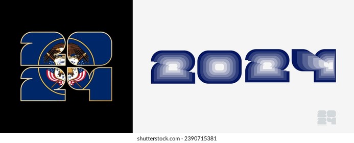 Year 2024 with flag of Utah and in color palate of Utah flag. Happy New Year 2024 in two different style. New Year design for Calendar, Posters, Greeting Cards or Election.