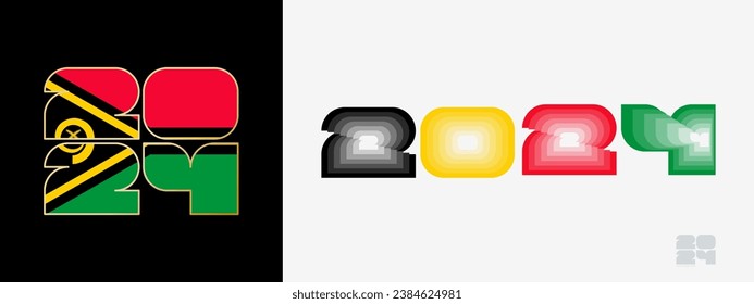 Year 2024 with flag of Vanuatu and in color palate of Vanuatu flag. Happy New Year 2024 in two different style. New Year design for Calendar, Posters, Greeting Cards or Election.