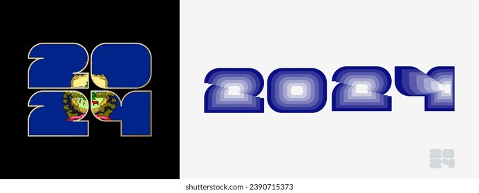 Year 2024 with flag of Vermont and in color palate of Vermont flag. Happy New Year 2024 in two different style. New Year design for Calendar, Posters, Greeting Cards or Election.
