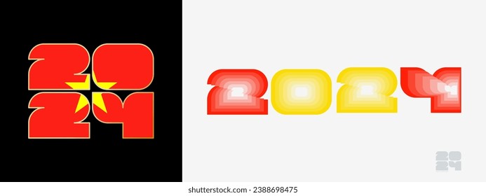 Year 2024 with flag of Vietnam and in color palate of Vietnam flag. Happy New Year 2024 in two different style. New Year design for Calendar, Posters, Greeting Cards or Election.