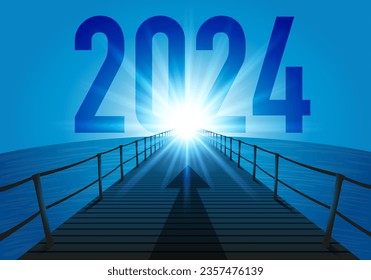 El año 2024 con el objetivo de alcanzar el futuro de una empresa, con el símbolo de un pontón cruzando el océano hacia el sol brillando en el horizonte.