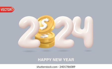 year 2024 and gold coins stack on brown background. Time is money concept. Save money and investment. 3d rendering illustration
