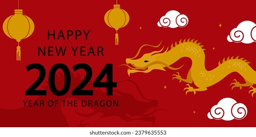 Year 2024 with gold dragon on red background. Vector greeting banner. Year of the dragon.