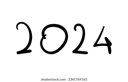 Year 2024 handwritten date numbers made from rounded black lines doodle, Vector illustration