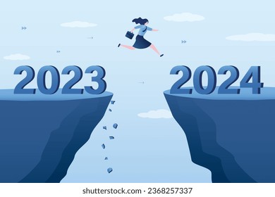 Year 2024 hope, new year resolution or success opportunity, change to new business bright future, overcome business difficulty concept, ambitious businesswoman jump over year gap from 2023 to 2024.