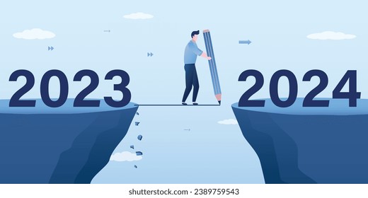 Year 2024 hope, new year resolution or success opportunity, change to new innovation business, overcome business difficulty concept, ambitious businessman over gap from 2023 to 2024 year. flat vector