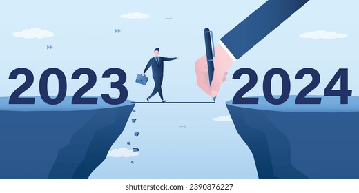 Year 2024 hope, new year resolution or success opportunity, change to new business, overcome business difficulty concept, Mentor help ambitious businessman over year gap from 2023 to 2024. vector