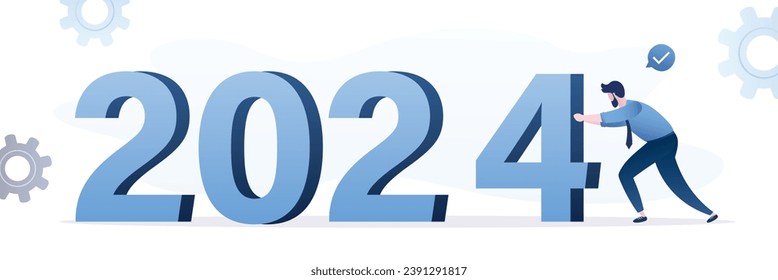 Year 2024 hope, new year resolution or success opportunity, change to new innovation business, overcome business difficulty concept, ambitious businessman push giant number. New 2024 year. flat vector svg