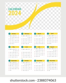 Year 2024 horizontal vector calendar design template, simple, clean and elegant design. Calendar for 2024 on White Background for branding and business advertising.