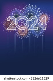 Logo Y Fuegos Artificiales Del Año 2024 Con Espacio De Texto En Un Fondo Oscuro. Ilustración vectorial que celebra el Año Nuevo.