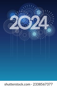 Logo Y Fuegos Artificiales Del Año 2024 Con Espacio De Texto En Fondo Azul. Ilustración vectorial que celebra el Año Nuevo. 