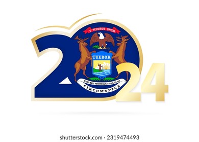 Año 2024 con el patrón de la bandera de Michigan. Ilustración vectorial.