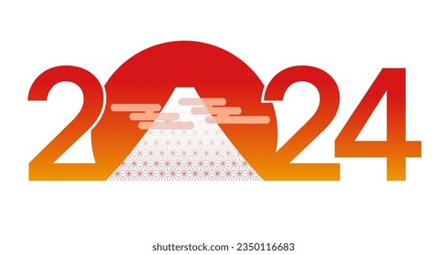 The Year 2024 New Year’s Greeting Symbol With Mt. Fuji At The First Sunrise. Vector Illustration Isolated On A White Background. 