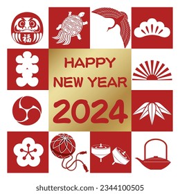 The Year 2024 New Year’s Vector Greeting Symbol With Japanese Vintage Lucky Charms.