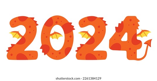 Plantilla de diseño de números de año 2024. Símbolo del dragón del año. Ilustración vectorial en estilo plano y caricatura aislada en fondo blanco