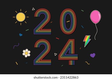 Year 2024 numbers in rainbow pride color theme, vector design 
