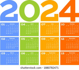 Year 2024 one page month grid calendar, multi colored on white background. Vector template. Annual agenda table. All Months on One Page.