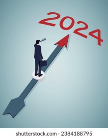 Year 2024 outlook, economic forecast or future vision, business opportunity or challenge ahead, year review or analysis concept.