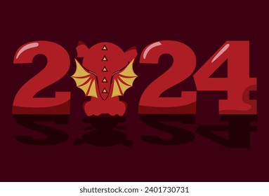 Year 2024 painted with numbers in red, decorated with the next year symbol with a red dragon with yellow wings spread, rear view