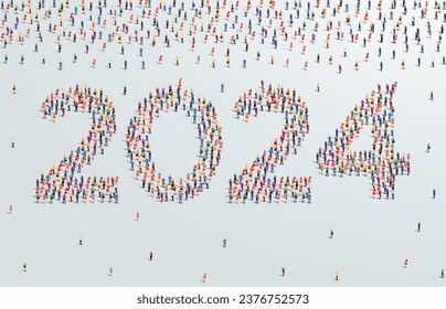 Year 2024 or twenty twenty four. Large group of people form to create 2024. people font or number. vector illustration.