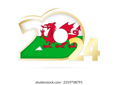 Jahr 2024 mit Wales Flag Muster. Vektorgrafik.