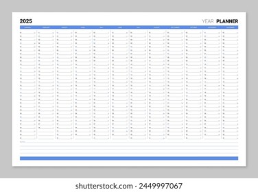 Calendario azul del año 2025 con Ilustración vectorial de agenda diaria. Programar diario de página, calendario de papelería, Plantilla del organizador con doce meses. Planeador de pared con espacio para notas personales