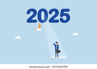 Year 2025 business opportunity, In 2025 hopeful businessman is illuminated by bright spotlight shining from number zero.